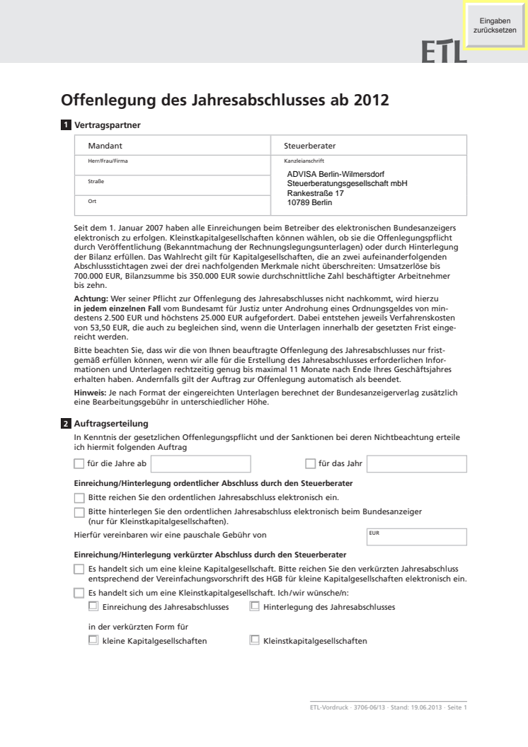 ADVISA - Beratungsprotokoll/Auftragserteilung Elektronische Offenlegung für Jahresabschlüsse ab 2012
