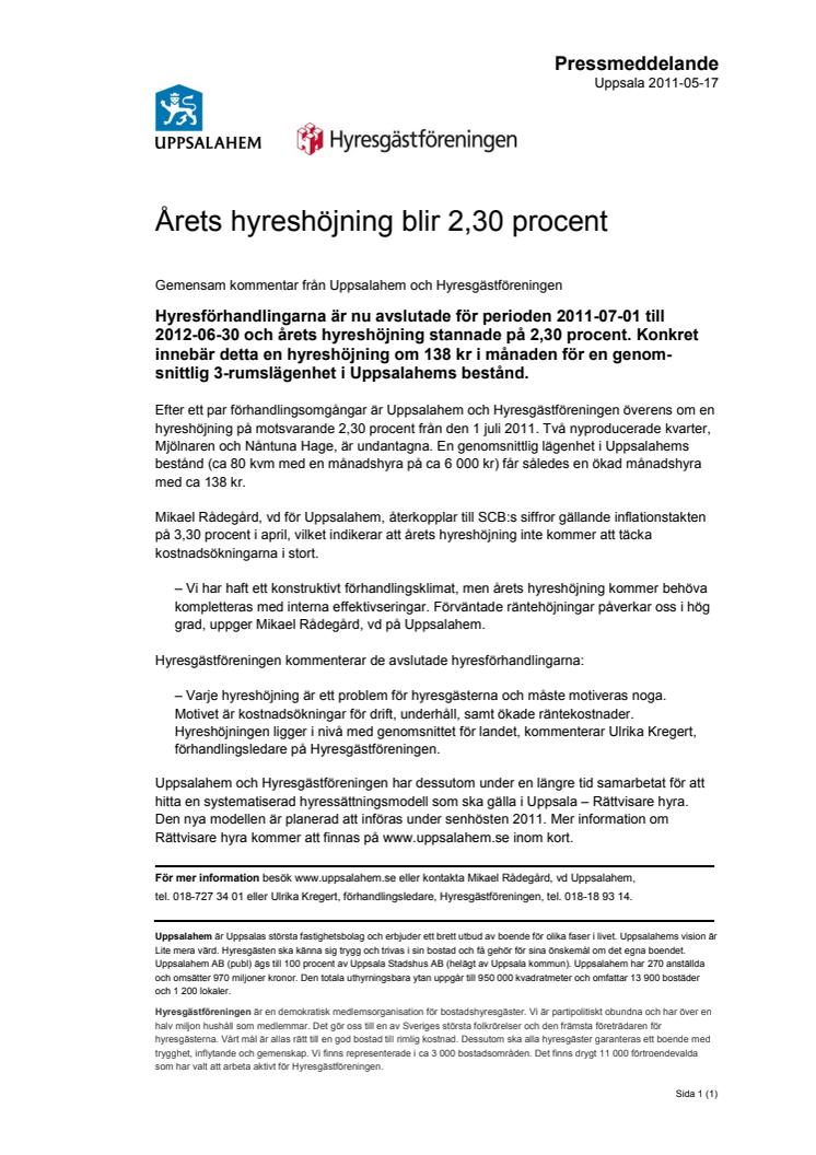 Årets hyreshöjning blir 2,30 procent