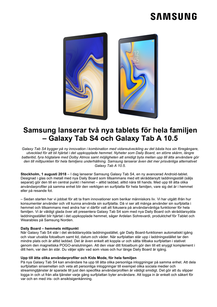 Samsung lanserar två nya tablets för hela familjen – Galaxy Tab S4 och Galaxy Tab A 10.5