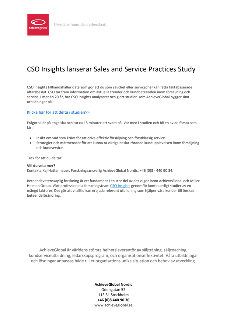 CSO Insights lanserar Sales and Service Practices Study