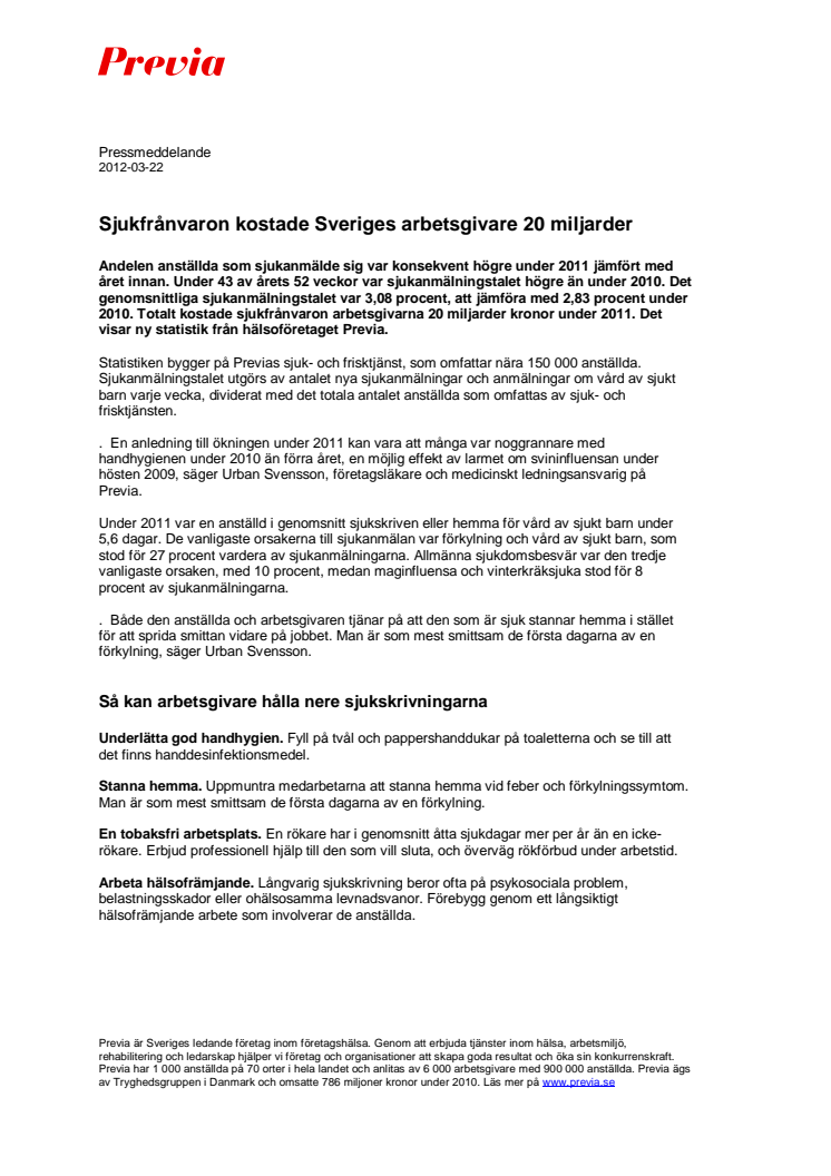 Sjukfrånvaron kostade Sveriges arbetsgivare 20 miljarder
