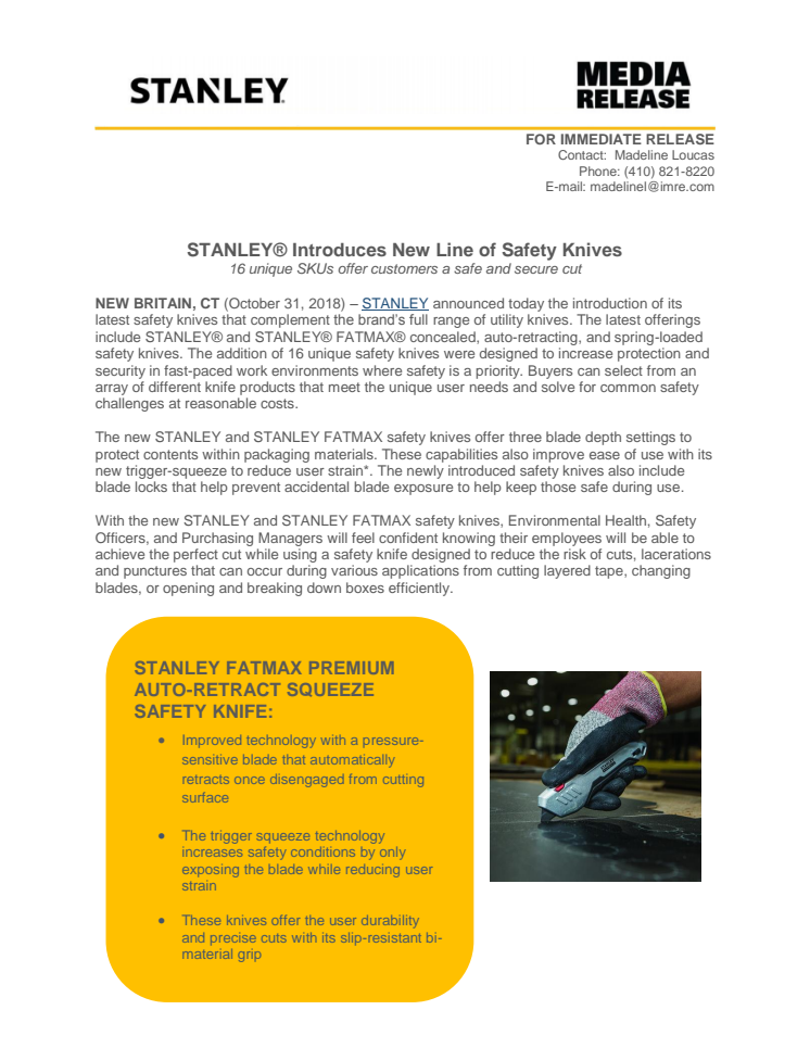 STANLEY® Introduces New Line of Safety Knives