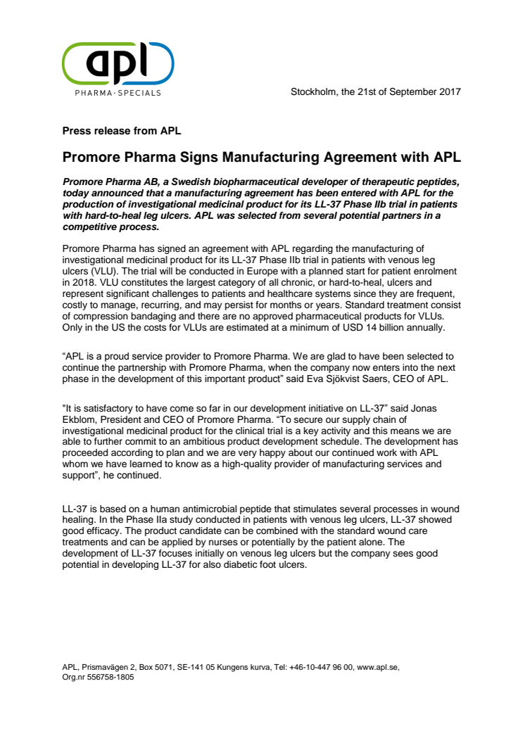 Promore Pharma Signs Manufacturing Agreement with APL