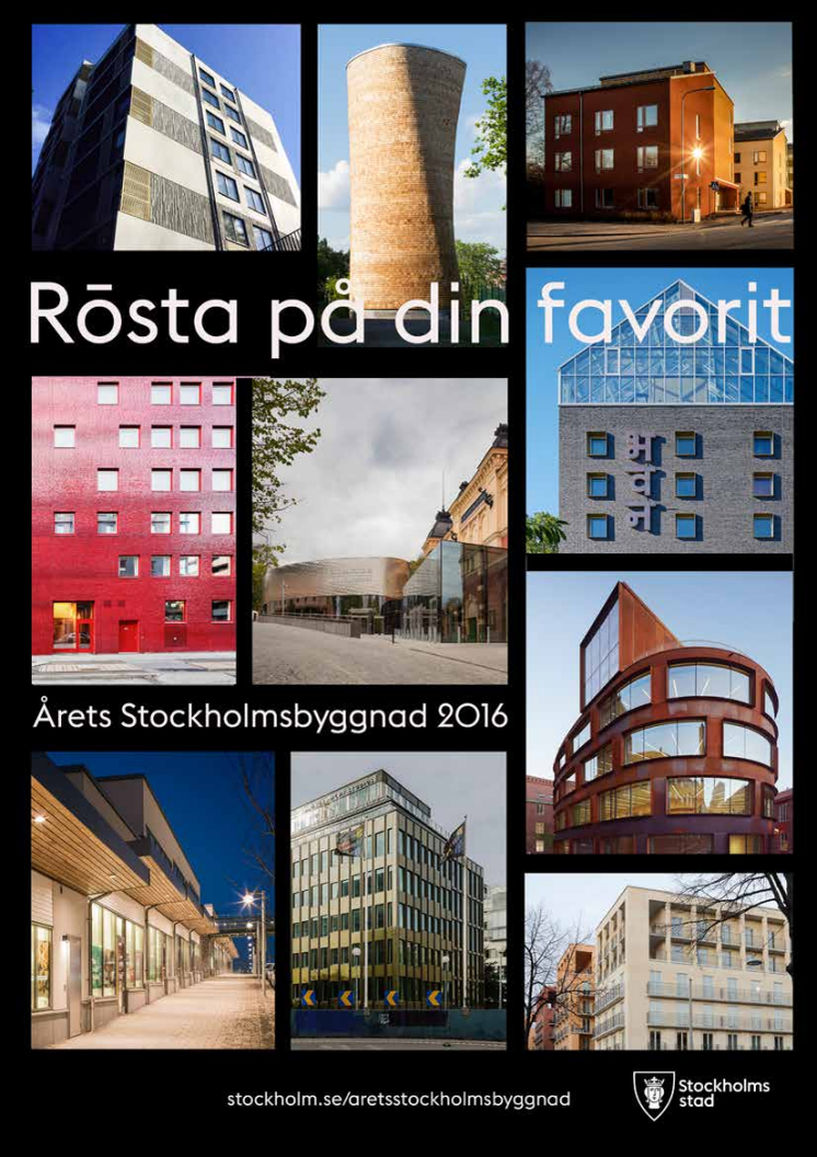Finalisterna Årets Stockholmsbyggnad 2016. PDF-dokument med beskrivning av samtliga finalister.