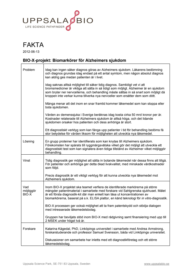 BIO-X-projekt: Biomarkörer för Alzheimers sjukdom