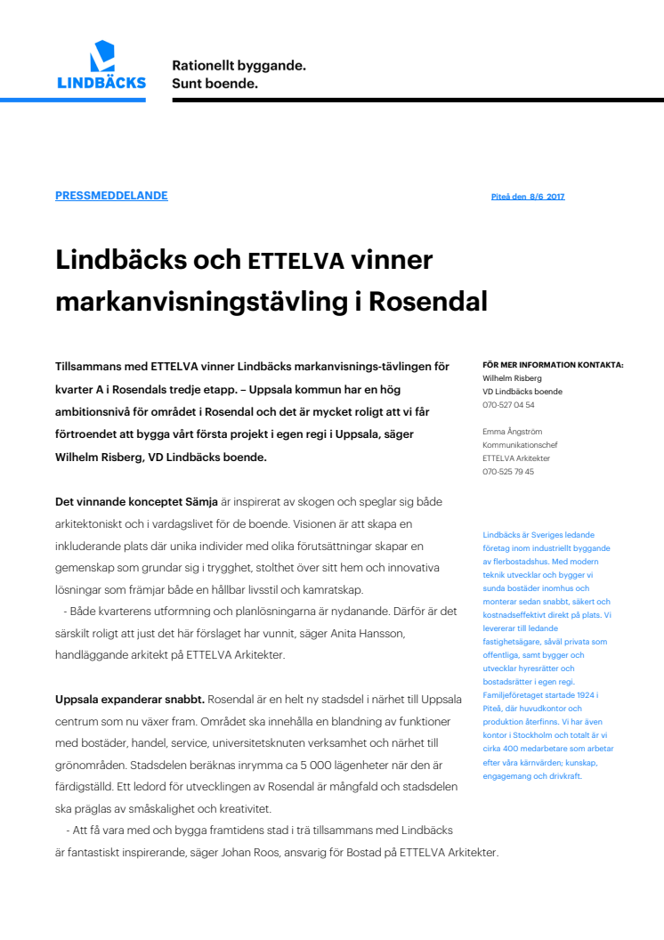 Lindbäcks och ETTELVA vinner markanvisningstävling i Rosendal