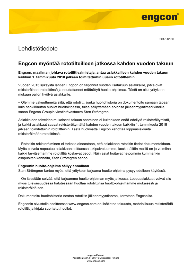 Engcon myöntää rototilteilleen jatkossa kahden vuoden takuun