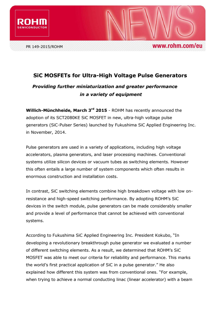 SiC MOSFETs for Ultra-High Voltage Pulse Generators -- Providing further miniaturization and greater performance in a variety of equipment