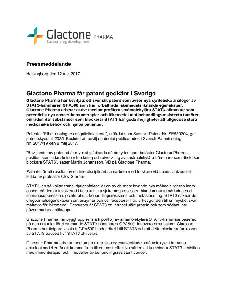 Glactone Pharma får patent godkänt i Sverige