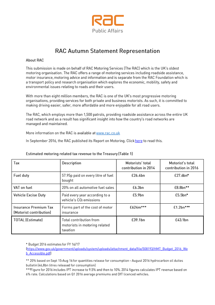 RAC Autumn Statement representation to the Treasury