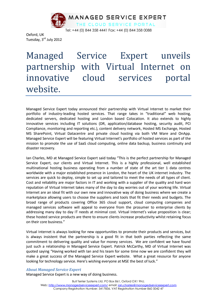 Managed Service Expert unveils partnership with Virtual Internet on innovative cloud services portal website.