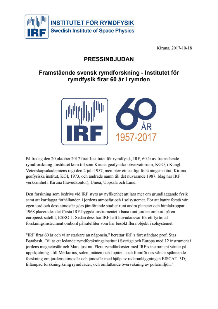 Framstående svensk rymdforskning - Institutet för rymdfysik firar 60 år i rymden
