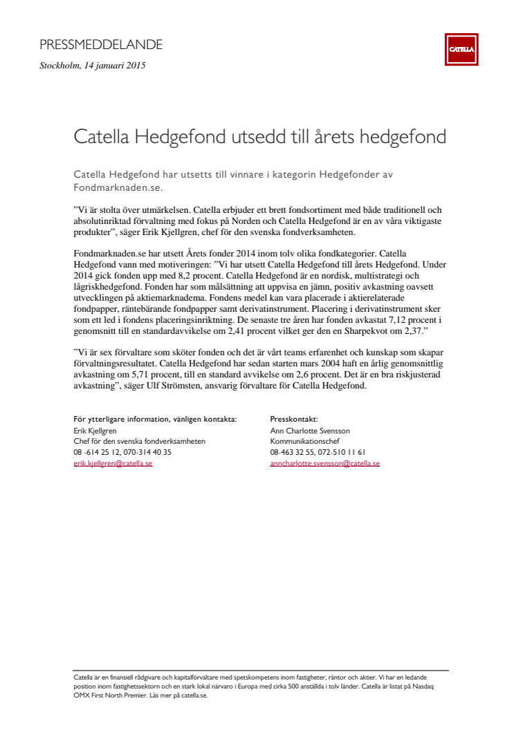 Catella Hedgefond utsedd till årets hedgefond