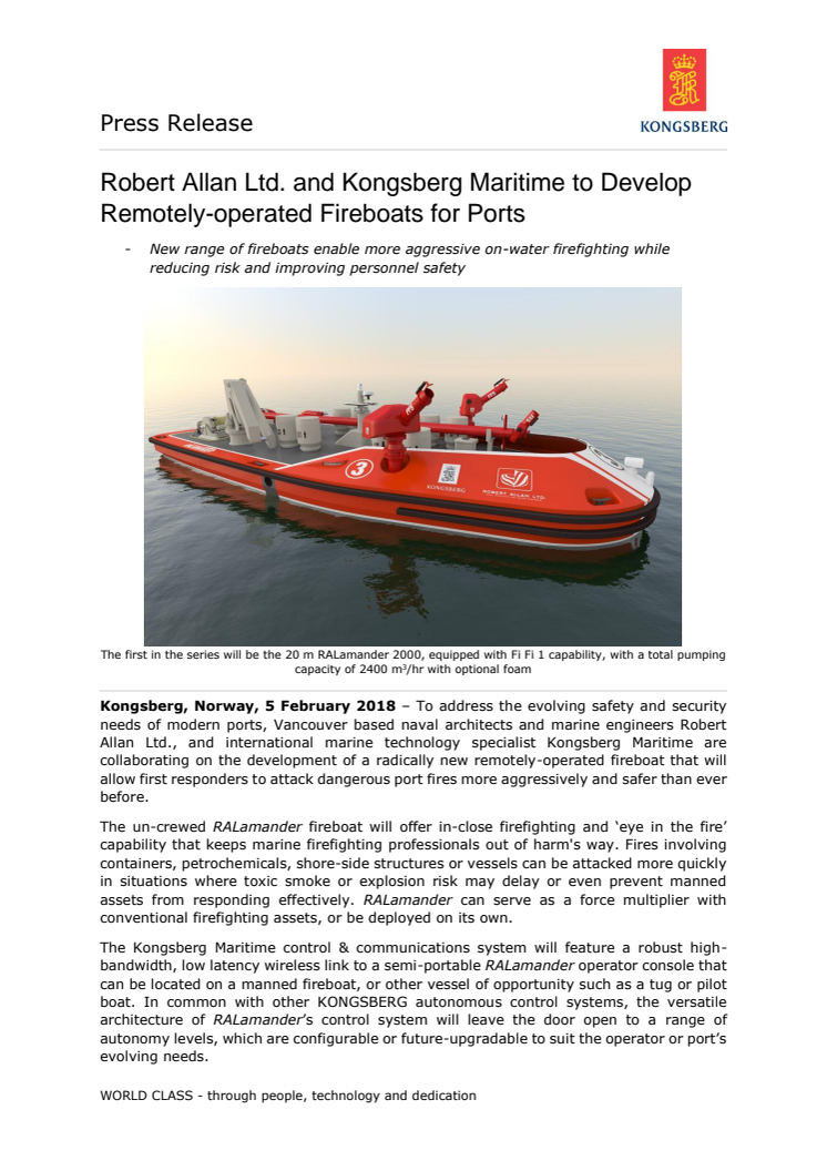 Kongsberg Maritime: Robert Allan Ltd. and Kongsberg Maritime to Develop Remotely-operated Fireboats for Ports 