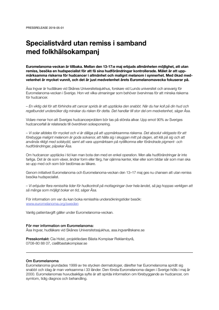 Pressrelease: Euromelanoma 2019 - Specialistvård utan remiss i samband med folkhälsokampanj!