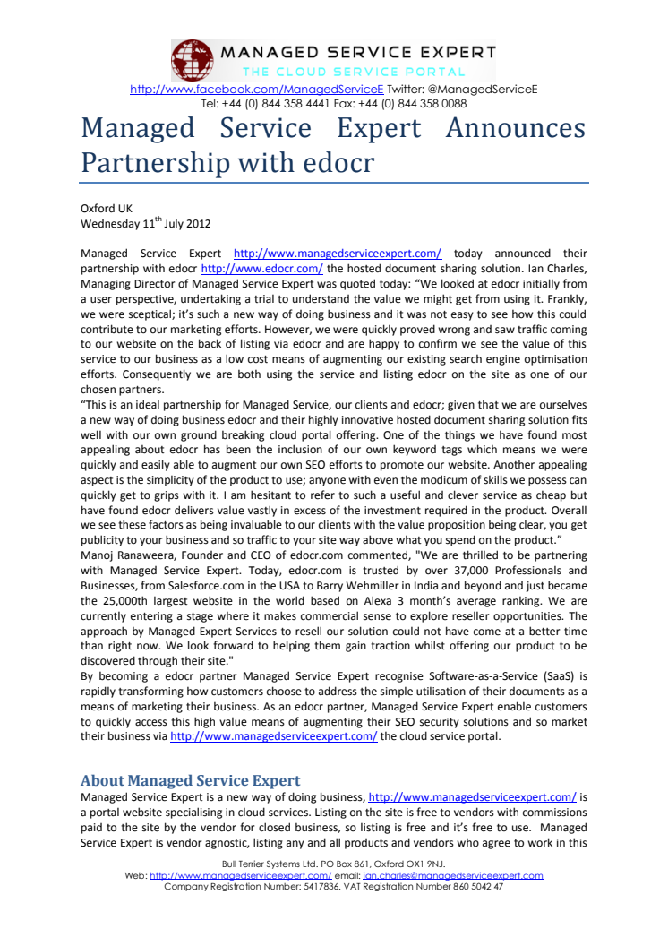 Managed Service Expert Announces Partnership with edocr