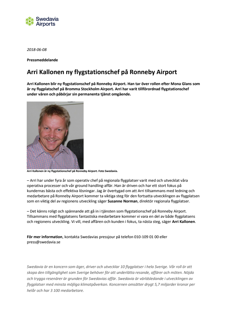 Arri Kallonen ny flygstationschef på Ronneby Airport
