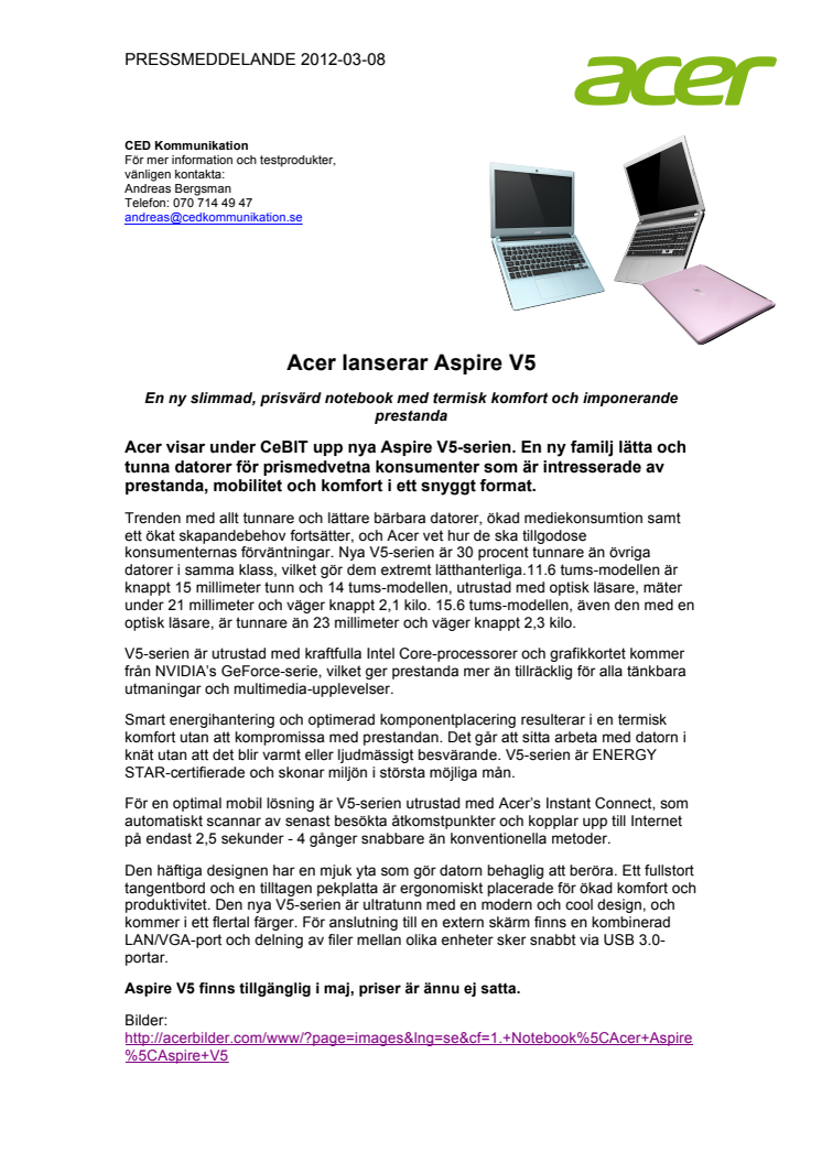 Acer lanserar Aspire V5 - En ny slimmad, prisvärd notebook med termisk komfort och imponerande prestanda