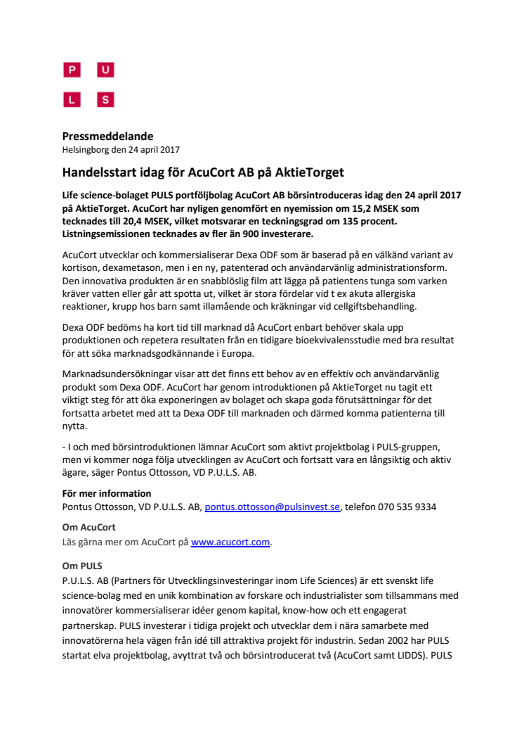 Handelsstart idag för AcuCort AB på AktieTorget