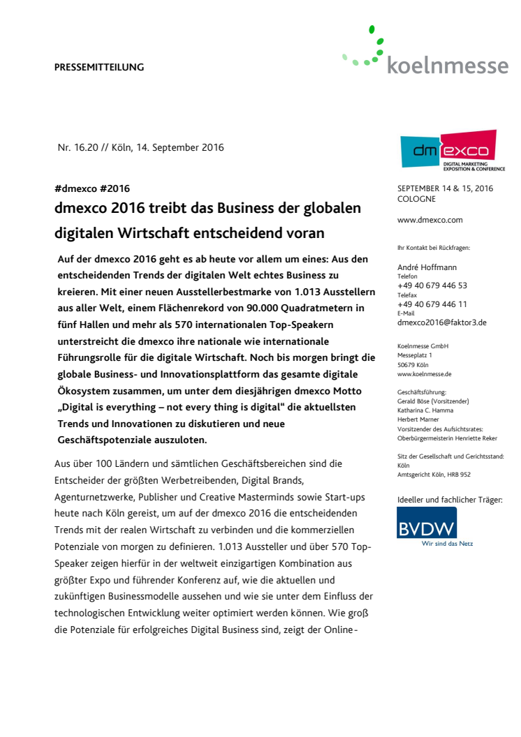 dmexco 2016 treibt das Business der globalen digitalen Wirtschaft entscheidend voran