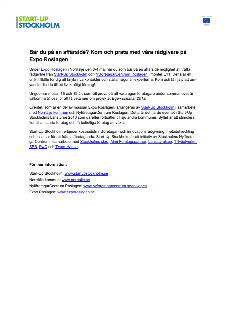 Start-Up Stockholm besöker Norrtälje den 3-4 maj