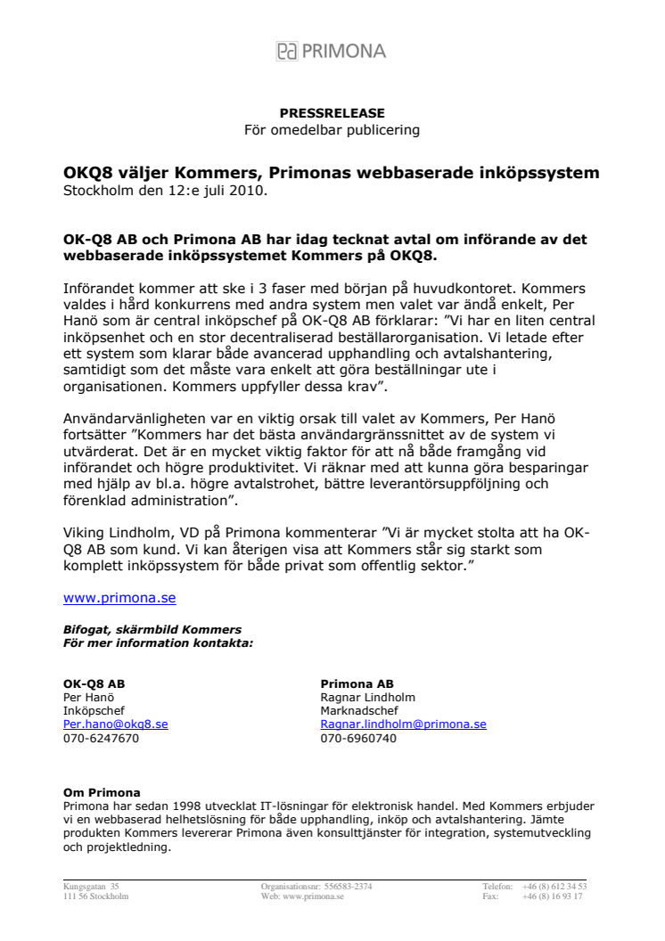 OKQ8 väljer Kommers, Primonas webbaserade inköpssystem