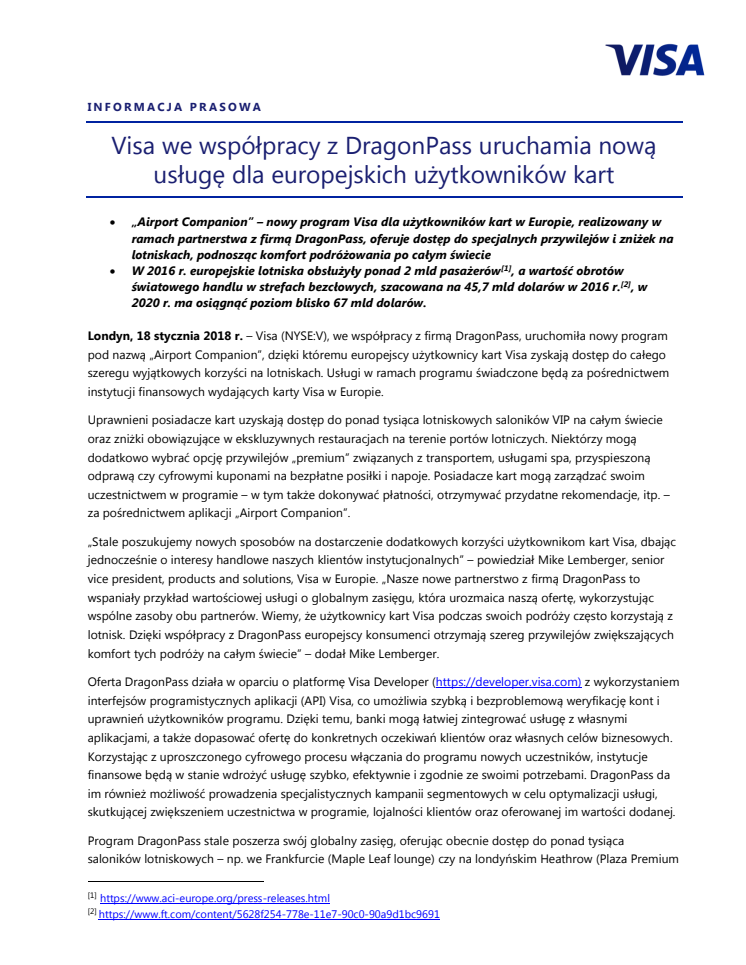 Visa we współpracy z DragonPass uruchamia nową usługę dla europejskich użytkowników kart