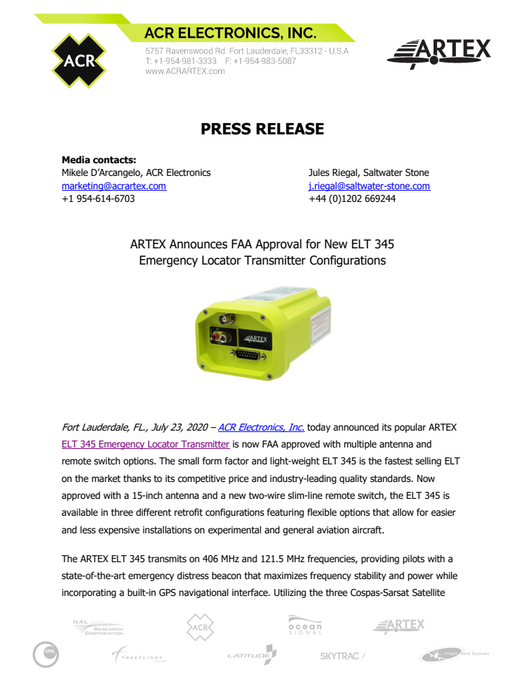 ARTEX Announces FAA Approval for New ELT 345 Emergency Locator Transmitter Configurations