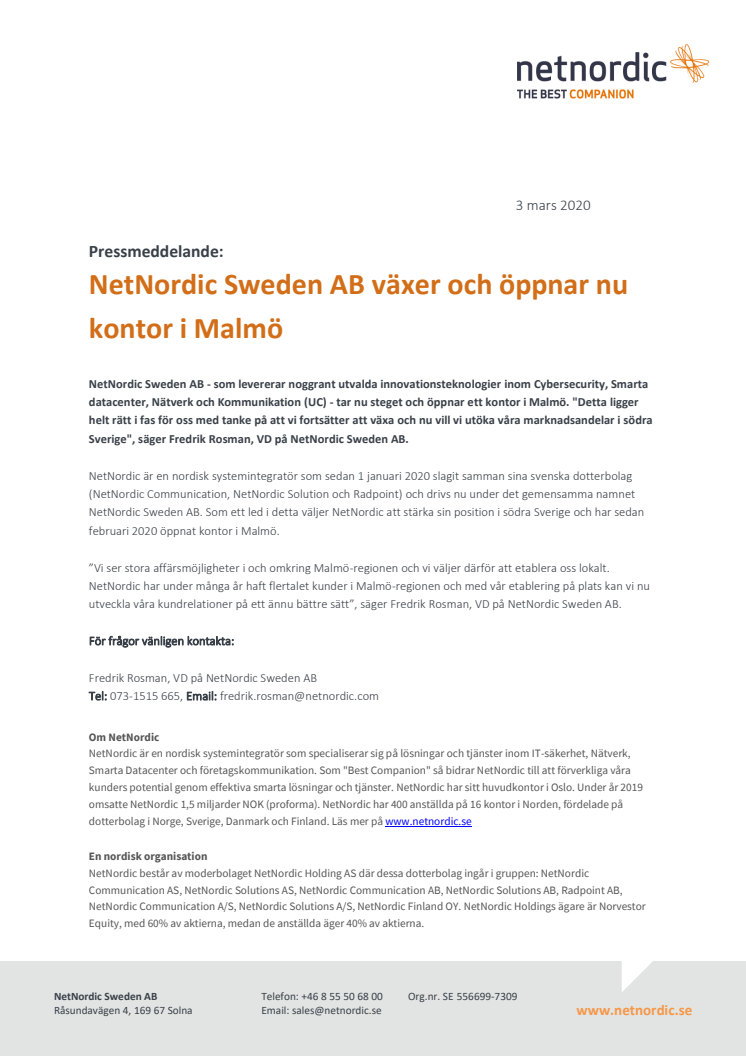 NetNordic Sweden AB växer och öppnar nu kontor i Malmö