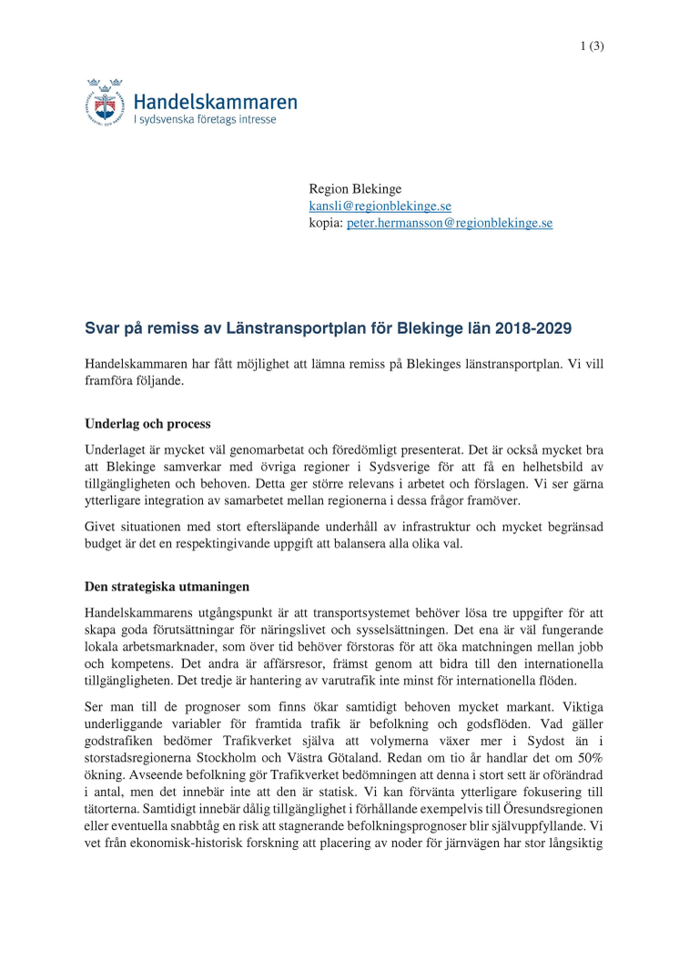 Svar på remiss av Länstransportplan för Blekinge län 2018-2029