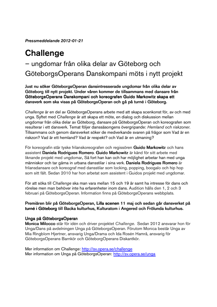 Challenge  – ungdomar från olika delar av Göteborg och GöteborgsOperans Danskompani möts i nytt projekt