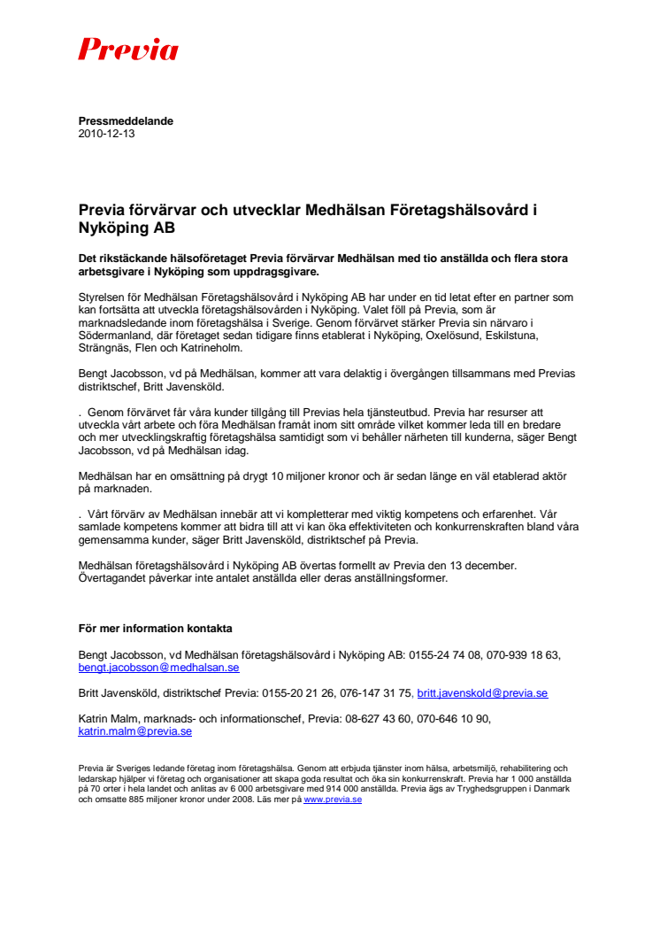 Previa förvärvar och utvecklar Medhälsan Företagshälsovård i Nyköping AB 