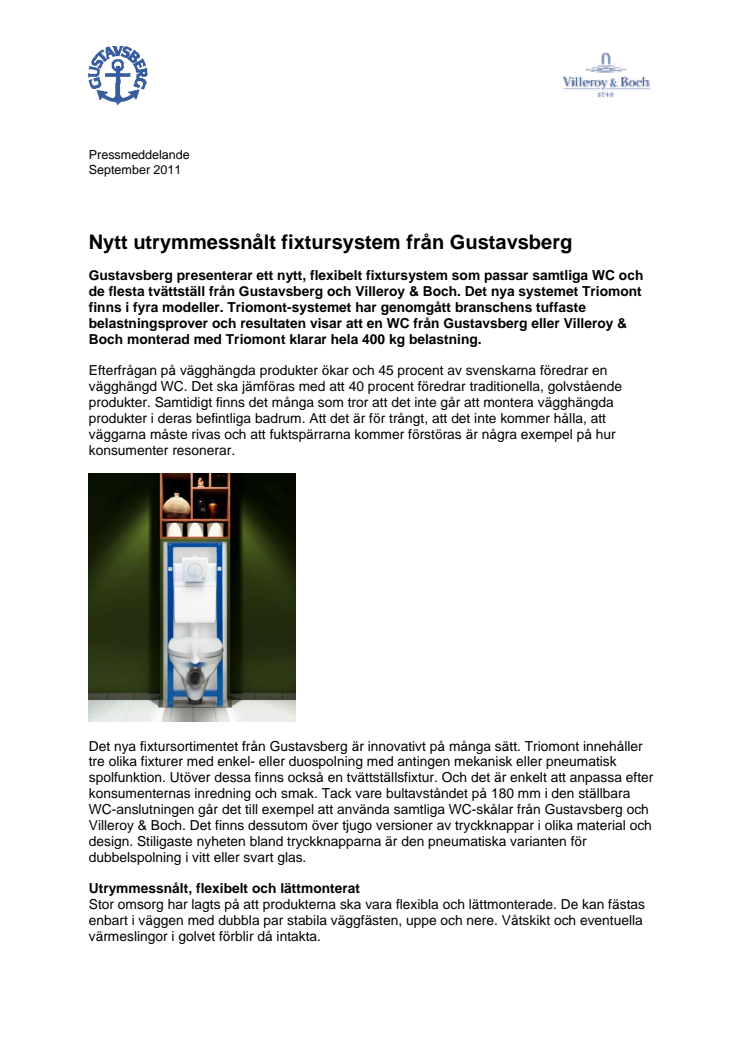 Nytt utrymmessnålt fixtursystem från Gustavsberg