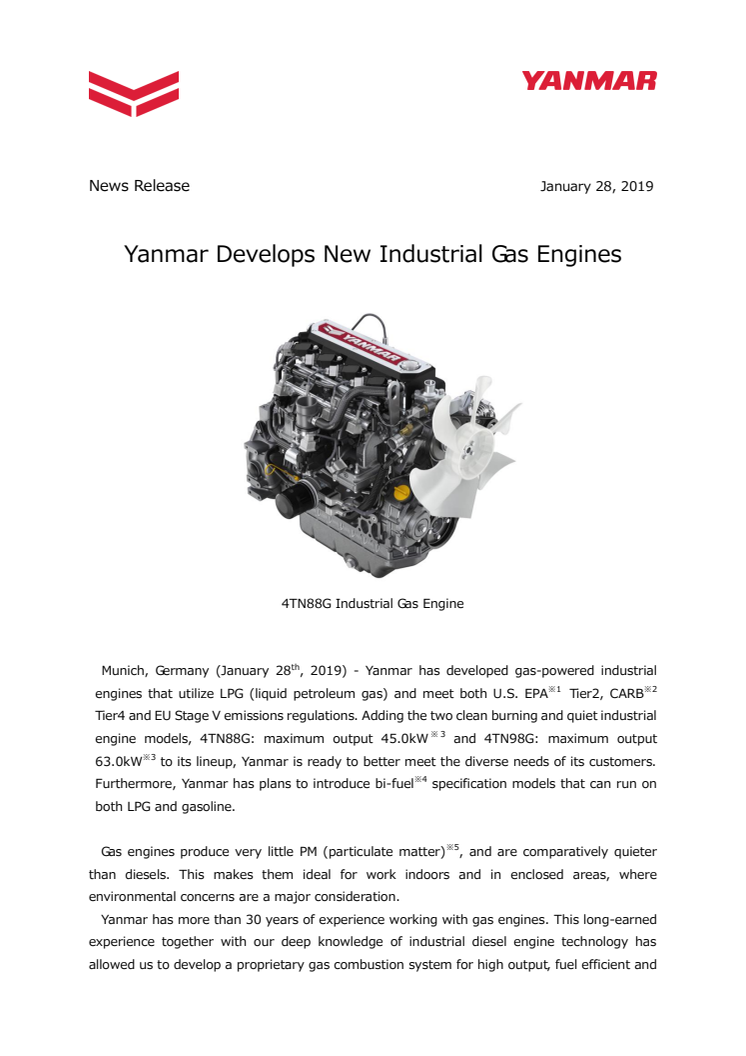 Yanmar Develops New Industrial Gas Engines