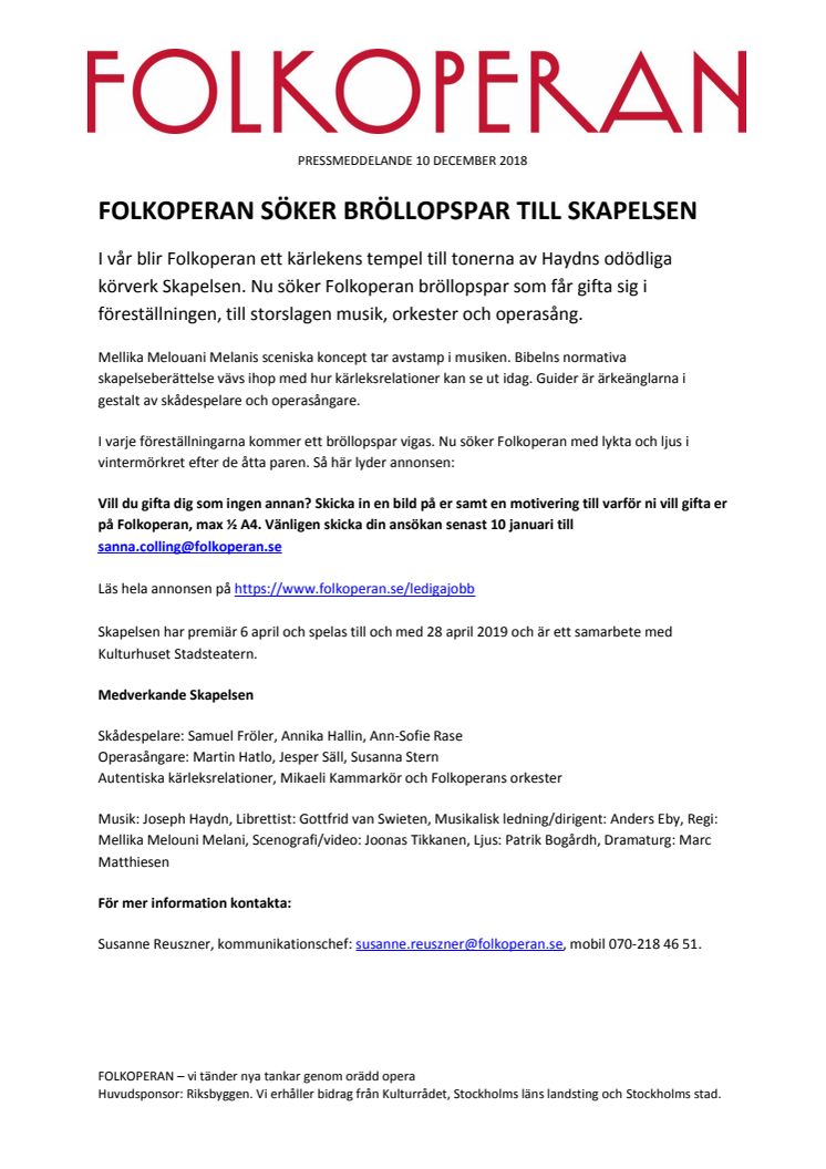 Folkoperan söker bröllopspar till Skapelsen