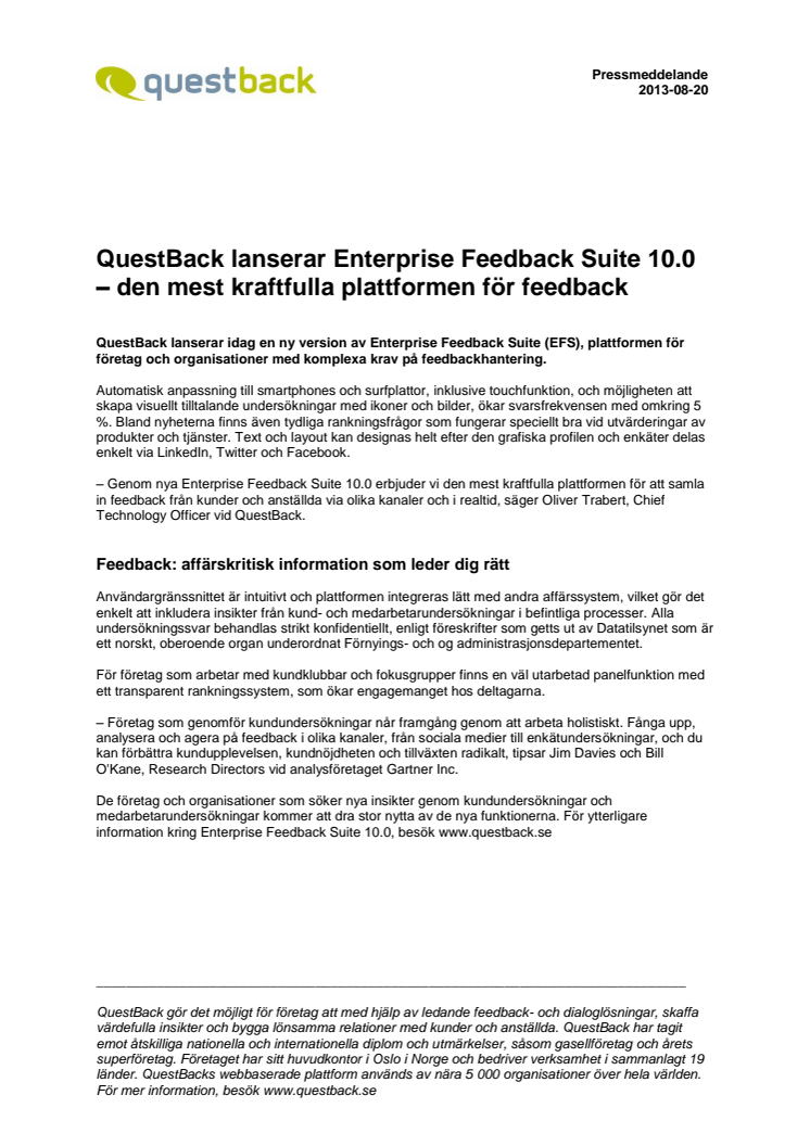 QuestBack lanserar Enterprise Feedback Suite 10.0  - den mest kraftfulla plattformen för feedback