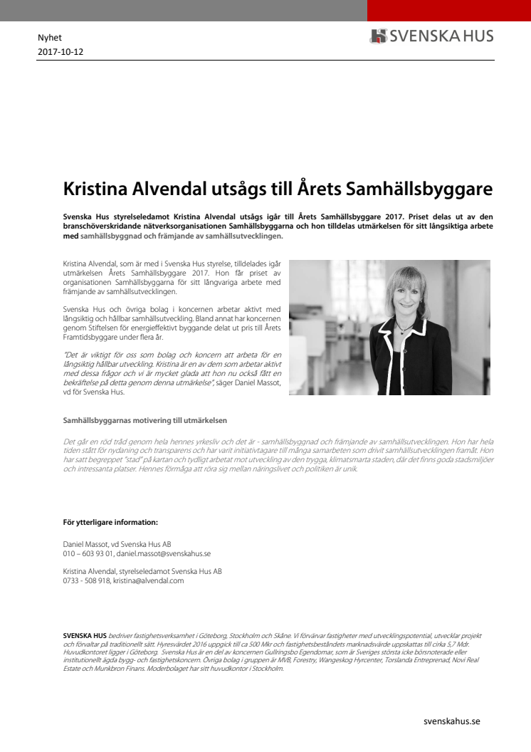Kristina Alvendal utsågs till Årets Samhällsbyggare