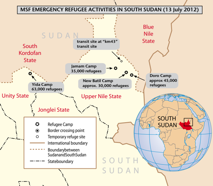 Karta över Läkare Utan Gränsers verksamhet i norra Sydsudan