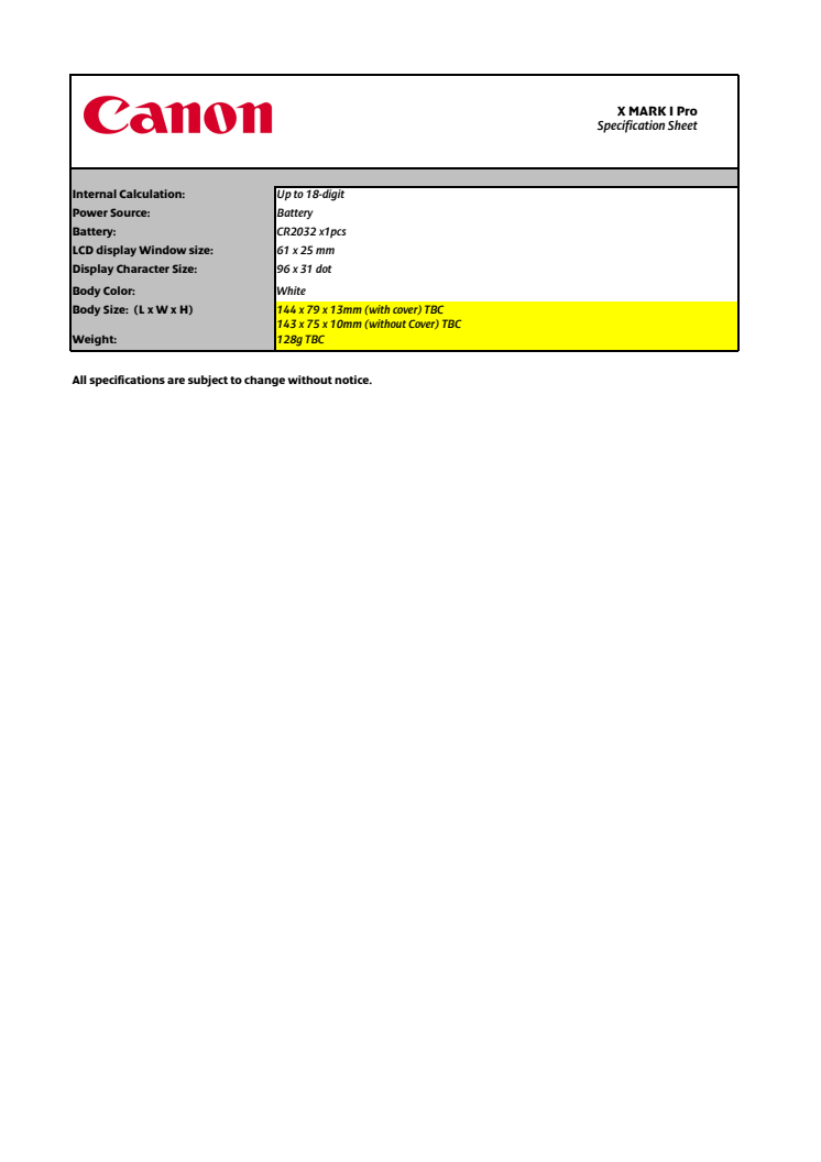 Canon Tekniska specifikationer X Mark 1 Pro