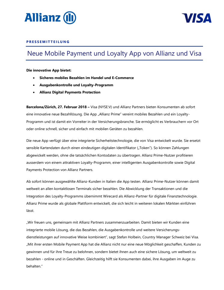Neue Mobile Payment und Loyalty App von Allianz und Visa
