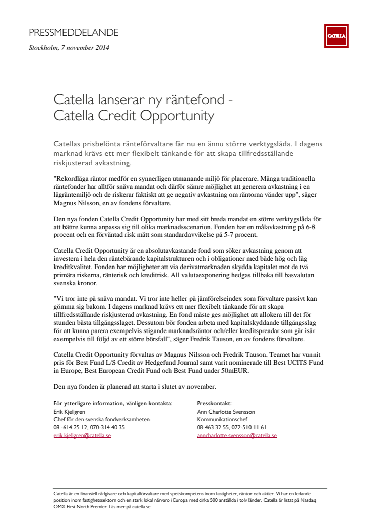 Catella lanserar ny räntefond -  Catella Credit Opportunity