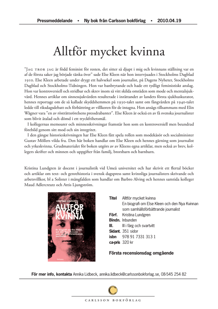 Alltför mycket kvinna – ny bok om Else Kleen
