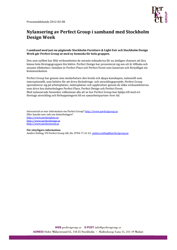 Nylansering av Perfect Group i samband med Stockholm Design Week