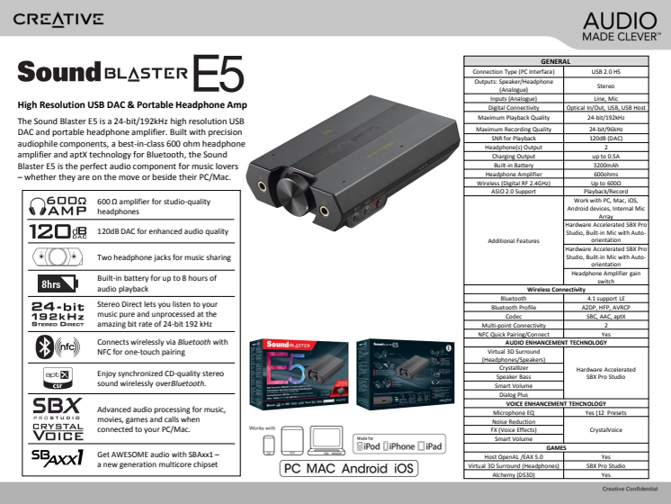 Sound Blaster E5 Product sheet