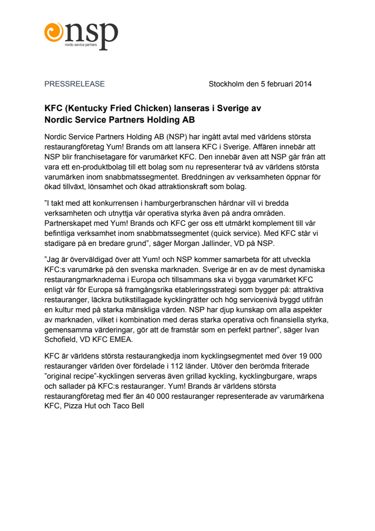 ​KFC (Kentucky Fried Chicken) lanseras i Sverige av Nordic Service Partners Holding AB