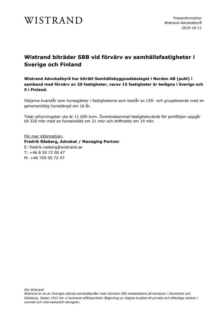 Wistrand biträder SBB vid förvärv av samhällsfastigheter i Sverige och Finland