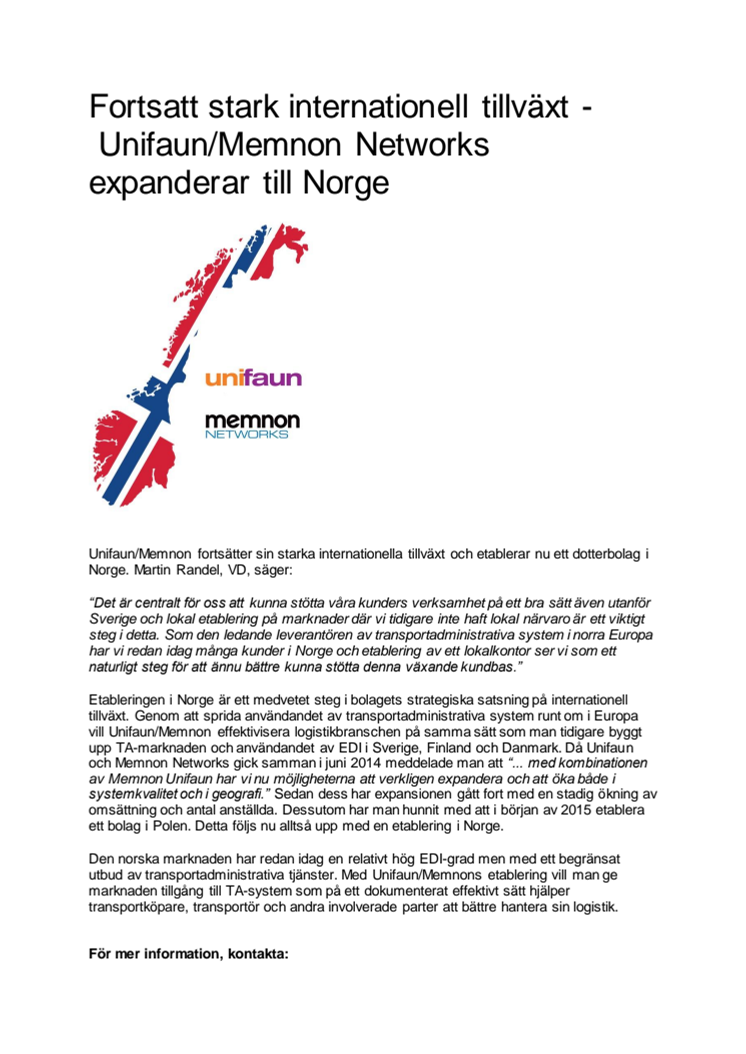 Fortsatt stark internationell tillväxt - Unifaun/Memnon Networks expanderar till Norge