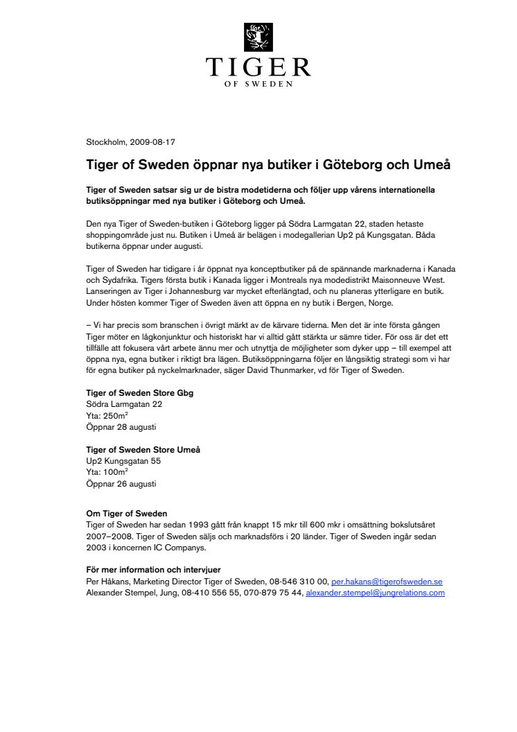 Tiger of Sweden öppnar nya butiker i Göteborg och Umeå 