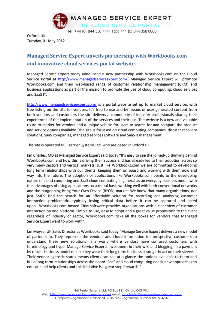 Managed Service Expert unveils partnership with Workbooks.com and innovative cloud services portal website.