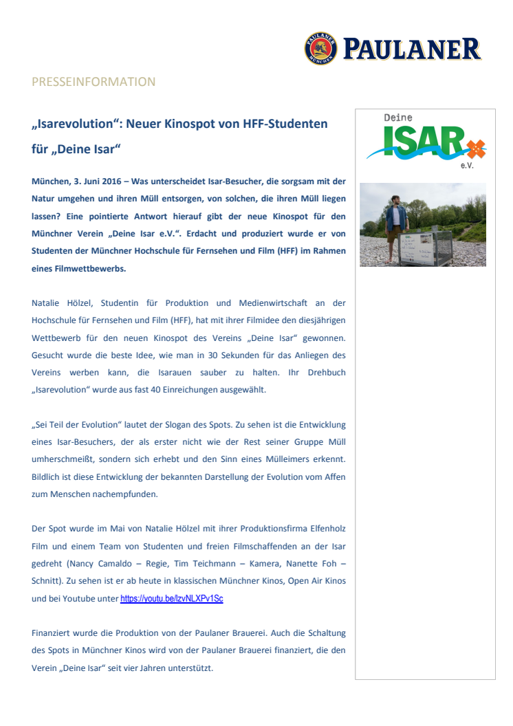 „Isarevolution“: Neuer Kinospot von HFF-Studenten für „Deine Isar“